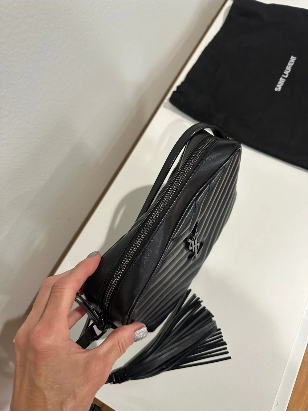 Saint Laurent Black Chevron Quilted Leather Crossbody with Tassel